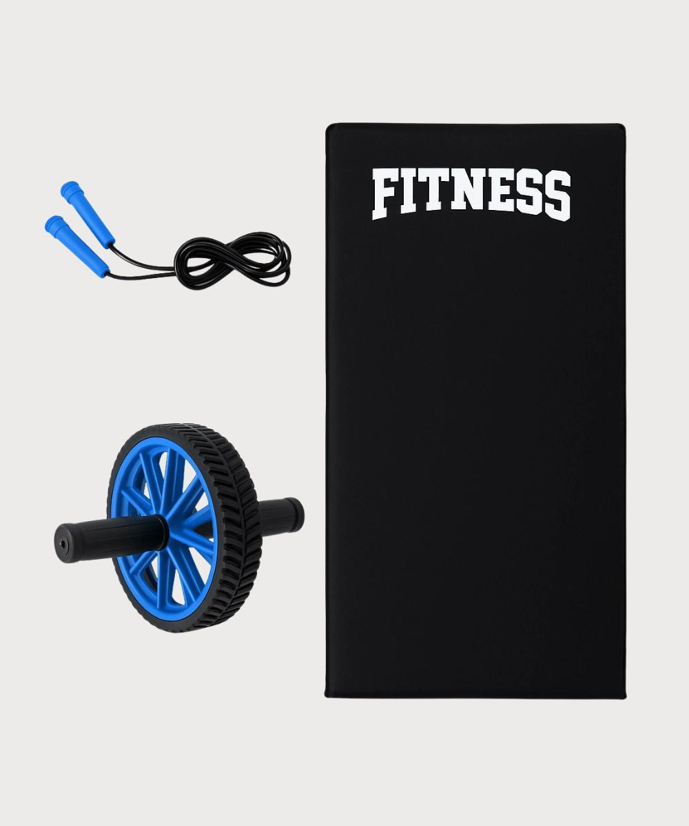 Kit Treino 3 em 1 Colchonete Corda e Roda Abdominal - Azul