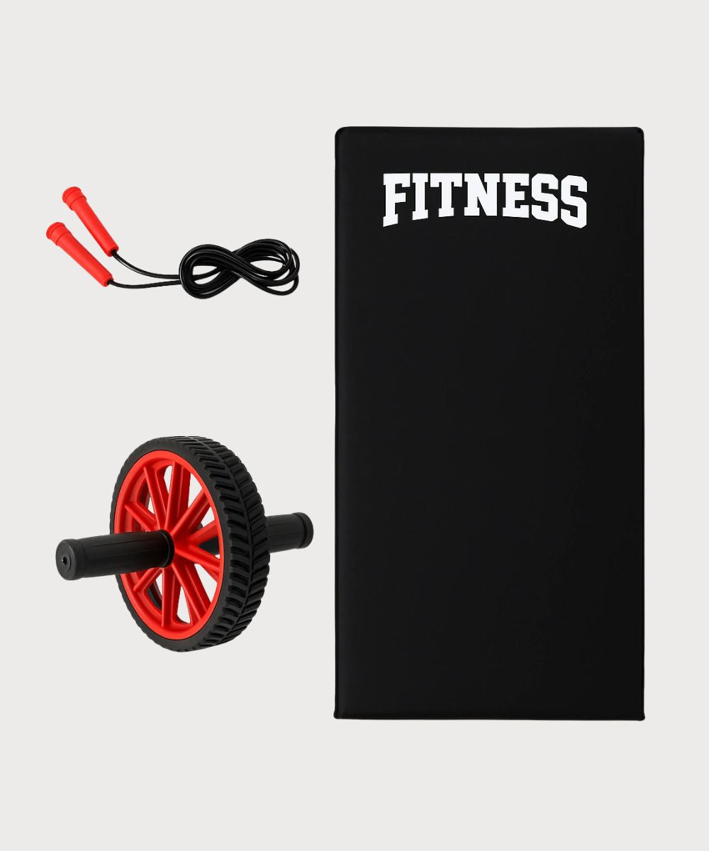 Kit Treino 3 em 1 Colchonete Corda e Roda Abdominal - Vermelho