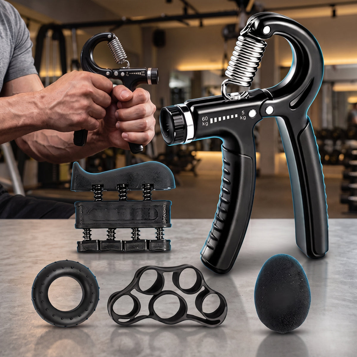 Kit Hand Grip 5 Peças (Ajustável de 5 a 60kg + 4 acessórios para fortalecer mãos e antebraços).