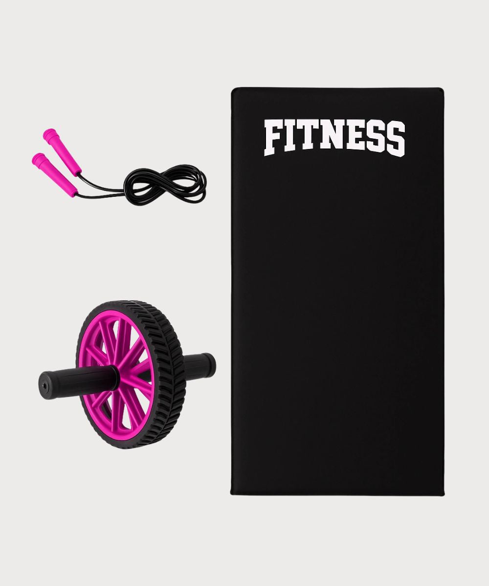 Kit Treino 3 em 1 Colchonete Corda e Roda Abdominal - Rosa