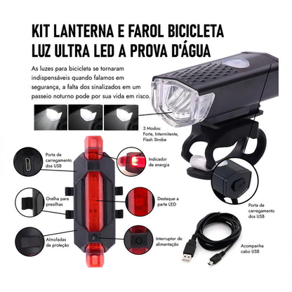 Kit Lanterna Farol de Bicicleta Ultra Led a Prova D'agua Com USB 10hrs autonomia - Better